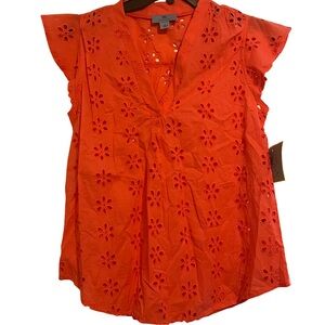 NWT CeCe Women's Top Eyelet Flower Coral‎ Pink, Size S NEW